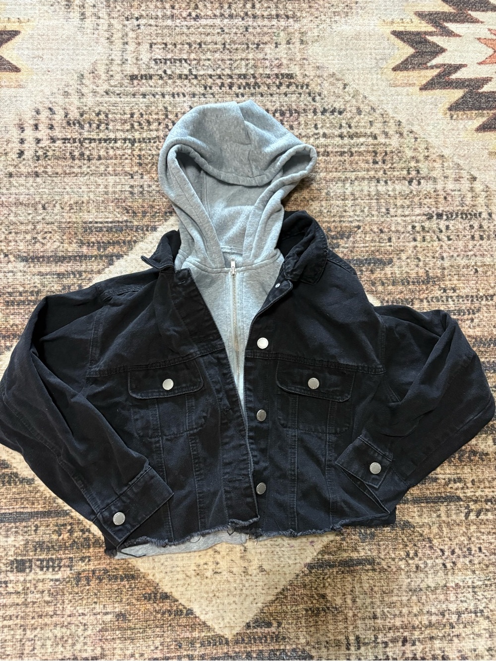 Cisono Black Denim Jacket with Gray Hooded Sweatshirt Insert Size Small